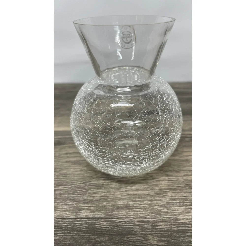 Hand Crafted Clear Crackle Art Glass Vase Round‎ Bulbous Flared Rim 4.5